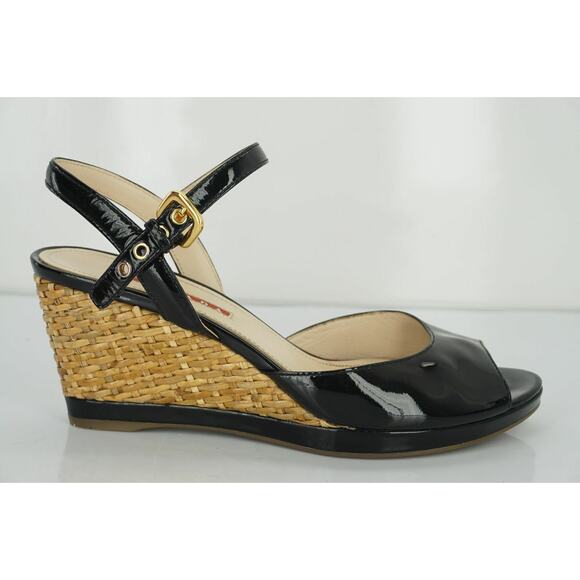 Prada Sport Black Patent Ankle Strap Woven Raffia Wedge Heel Sandals - Picture 12 of 12